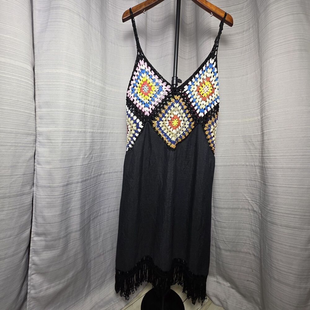 Boho Crochet Granny Square Knit Black Whimsigoth Slip Dress Size 1XL